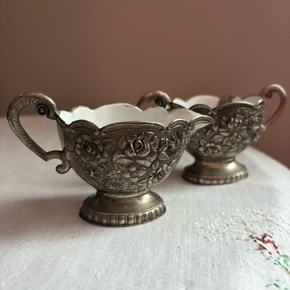 Vintage silver plated enamel lined ornate cream and sugar set - no dish